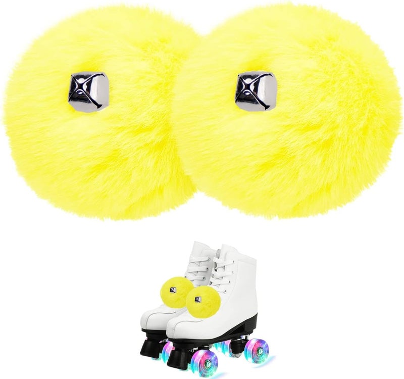 GUIFIER 2 PCS 8cm Roller Skate Pom Poms with Bells for Girls, Fluffy Faux Fur Pom Pom for Roller Skates, Tie on Roller Skate Pompoms Puff Balls with Shoelace, Quad Roller Skate Accessories (Yellow) - Image 1